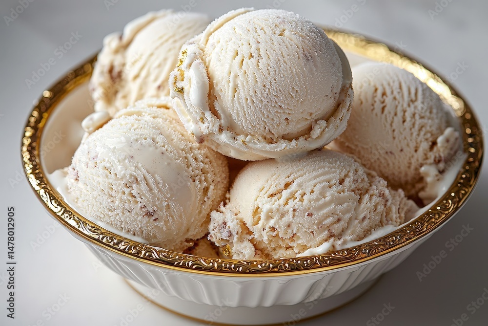 Luxurious vanilla ice cream scoops in elegant bowl with gold trim for a gourmet dessert setting Luxurious vanilla ice cream scoops in elegant bowl with gold trim for a gourmet dessert setting