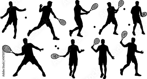 Tennis, group of male tennis players, isolated vector silhouettes, summer sports
