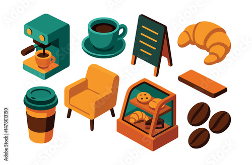 Isometric flat vector set of illustrations of coffee shop items: coffee machine, espresso cup, menu board, croissant, takeaway cup, cozy chair, counter display, coffee beans.