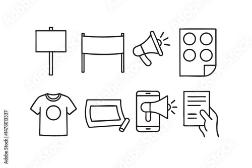 Line style icons of protest materials: handmade sign icon, banner with slogan, bullhorn megaphone tag, sticker campaign sheet, protest t-shirt badge, chalk message on street, mobile loudspeaker,