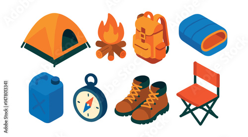 Isometric flat vector set of illustrations of outdoor camping: tent, campfire, backpack, sleeping bag, water canister, compass, hiking boots, folding chair.