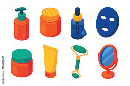 Isometric flat vector set of illustrations of skincare routine: cleanser bottle, toner pad, serum dropper, face mask, moisturizer jar, sunscreen tube, jade roller, skincare mirror.