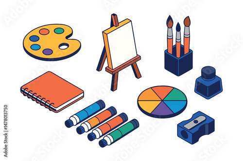 Isometric flat vector set of illustrations of art supplies: paint palette, canvas on easel, brush set, sketchbook, acrylic tubes, color wheel, pencil sharpener, ink bottle.