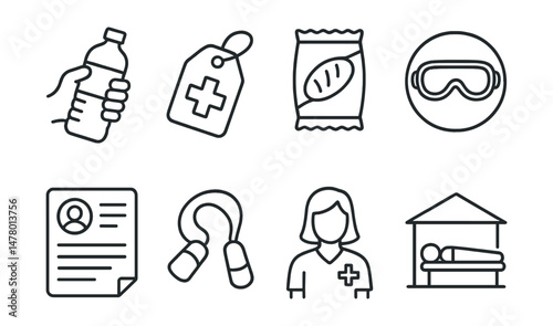 Line style icons of protest support: water bottle hand, first aid kit tag, protest snacks bag, safety goggles badge, emergency contact sheet, earplugs icon, medic volunteer symbol, protester rest