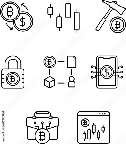 8 outline crypto & finance icons—exchange, trading, security, mining