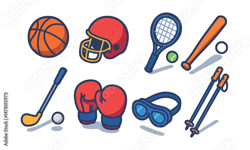 Isometric flat vector set of illustrations of sports equipment: basketball, football helmet, tennis racket, baseball bat, golf club, boxing gloves, swimming goggles, ski poles.