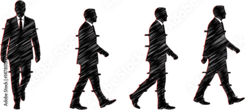 set of Business man walking forward, glitch effect vector silhouette, ink drawing. Isolated business people
