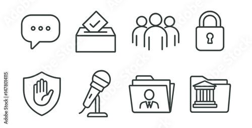 Line style icons of civil and political rights: freedom of speech bubble, right to vote ballot, peaceful assembly crowd, privacy protection lock, fair trial court icon, freedom from torture badge,