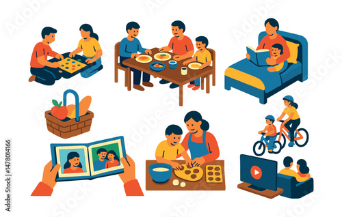 Isometric flat vector set of illustrations of family activities: board game, family meal, bedtime story, bike ride, picnic basket, photo album, baking cookies, home movie night.