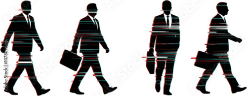 set of Business man walking forward, glitch effect vector silhouette, ink drawing. Isolated business people

