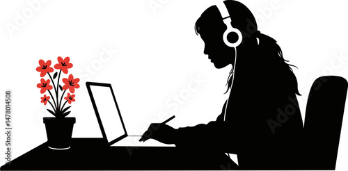 Young woman studying on laptop with headphones and flowers nearby,   asian woman remote work 