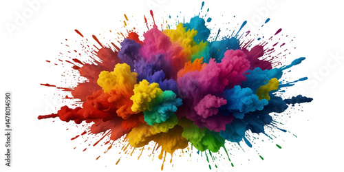 Vector colorful vibrant rainbow, smoke and cloud holi paint color powder explosion with bright colors isolated on transparent background. Multicolored explosion of rainbow powder paint holi festival	
