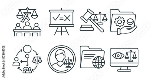 Line style icons of accountability and justice: war crimes court icon, truth and reconciliation board, prosecution symbol, reparations folder, justice process chart, survivor testimony badge,