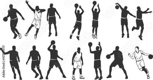 set of Basketball; group of basketball players; set of vector silhouettes. High contrast illustrations
