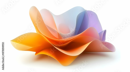 Abstract, colorful, wavy, origami-like form.  Layered, dynamic,  smooth, flowing shapes in soft, blended hues of orange,  peach,  lavender, and light blue.  Isolated on white background