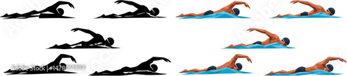 set of Swimming, swim isolated low poly vector illustration, geometric swimmer silhouette, crawl style
