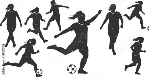set of Football players, men and women playing soccer, group of people, isolated vector silhouettes
