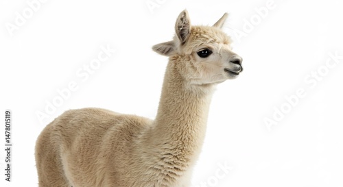 白い背景で穏やかに立つアルパカの仔、柔らかな毛並み、優しい瞳。. AI Generated