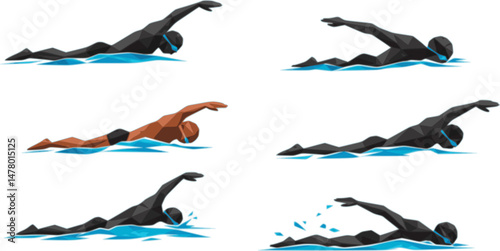 set of Swimming, swim isolated low poly vector illustration, geometric swimmer silhouette, crawl style

