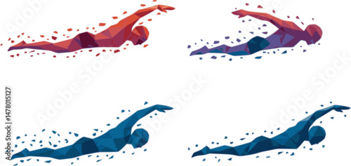 set of Swimming, swim isolated low poly vector illustration, geometric swimmer silhouette, crawl style
