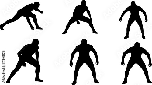 set of Wrestling, isolated vector silhouette of male wrestler, front view. Strong man. Greco roman wrestling
