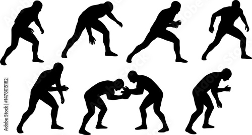set of Wrestling, isolated vector silhouette of male wrestler, front view. Strong man. Greco roman wrestling
