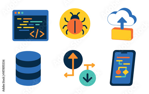 Isometric flat vector set of illustrations of coding and development: code editor, bug icon, terminal window, cloud deployment, database, version control, algorithm chart, mobile preview.