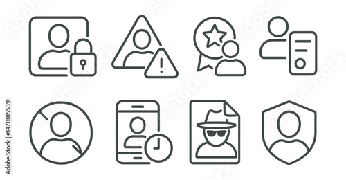 Line style icons of online identity protection: profile privacy lock, fake account alert, impersonation warning badge, username generator icon, profile visibility toggle, social media limit icon,