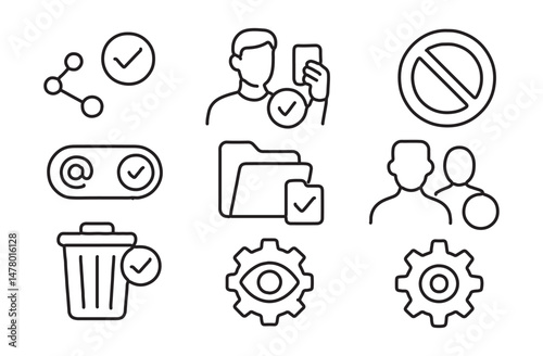 Line style icons of consent and content sharing: share with permission badge, selfie + approval icon, don’t repost alert, tag consent toggle, private moment symbol, friend check-in file, delete if