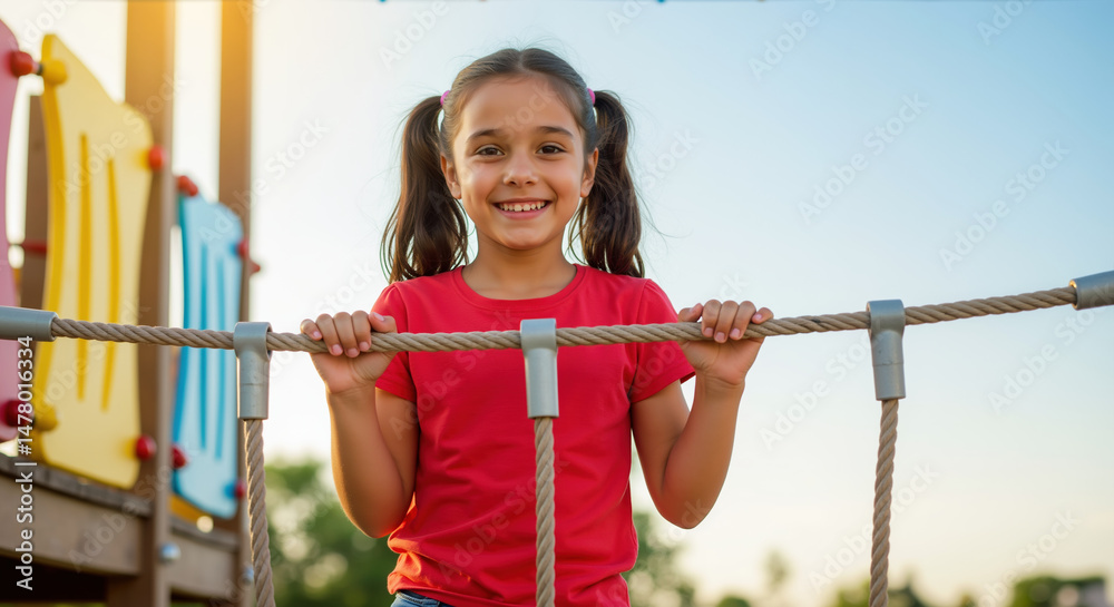 Fototapeta premium Smiling girl with pigtails in red t-shirt playing on playground rope obstacle. Active outdoor childhood fun for summer camps, children's day celebrations and school sports events