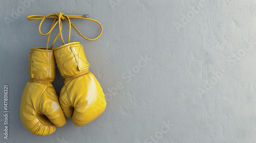 a pair of yellow boxing gloves hanging on a wall