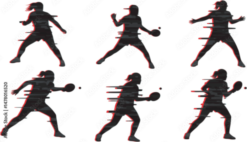 Obraz premium set of Table tennis player with glitch effect, isolated vector silhouette. Woman playing ping pong. Sports clipart 