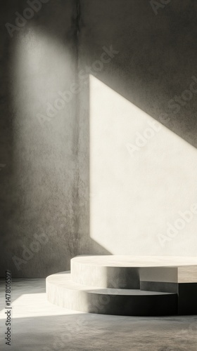 Minimal concrete podium with dramatic sunlight and shadows for product mockup, branding scene, or modern background design