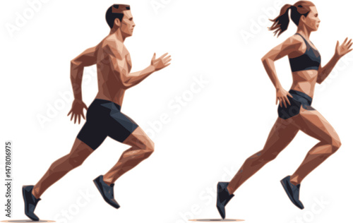 Run, running people - man and woman, low poly isolated vector sports illustration, side view. Track and field athletes
