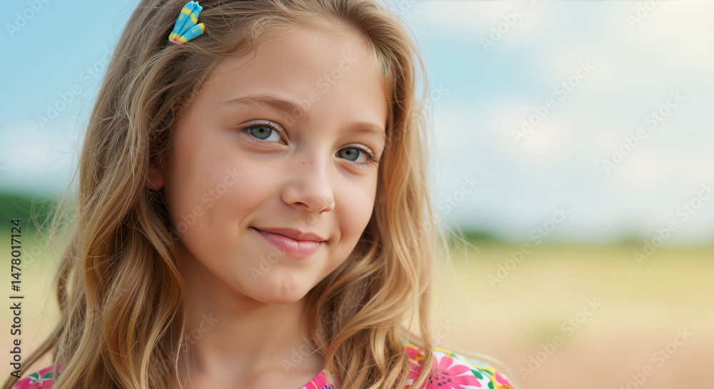 Smiling girl with blonde hair and blue hair clip in summer field with blue sky background. Natural childhood portrait for children's day celebrations and summer vacation advertising Smiling girl with blonde hair and blue hair clip in summer field with blue sky background. Natural childhood portrait for children's day celebrations and summer vacation advertising