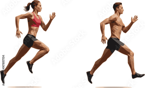 Run, running people - man and woman, low poly isolated vector sports illustration, side view. Track and field athletes
