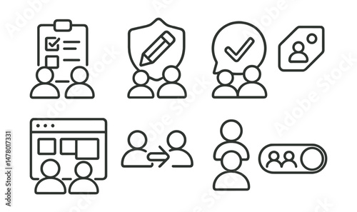 Line style icons of collaborative interaction: shared task icon, co-editing badge, “done together” bubble, invite to join tag, team-friendly UI board, side-by-side action icon, community focus group,