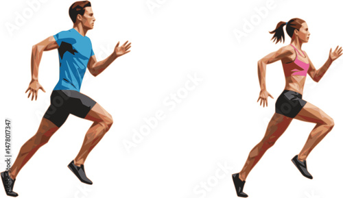 Run, running people - man and woman, low poly isolated vector sports illustration, side view. Track and field athletes
