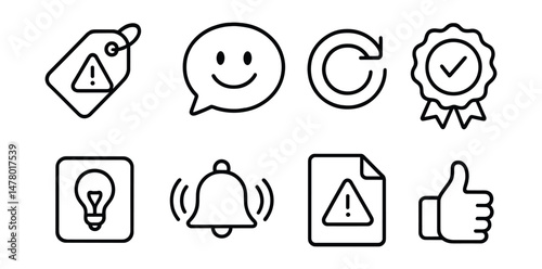 Line style icons of friendly system messages: helpful error message tag, “it’s okay” feedback bubble, retry gently icon, celebration of effort badge, non-intimidating tip card, helpful reminder icon,
