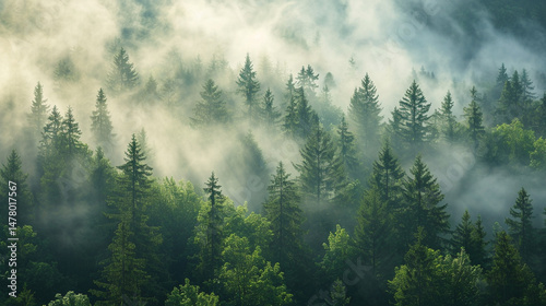 misty foggy forest with trees, mountains and mist
