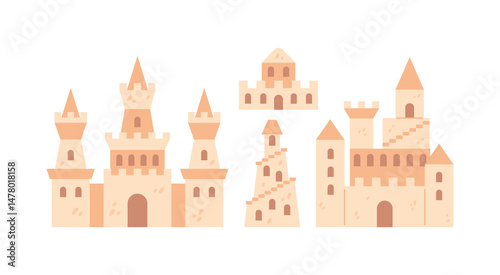 A whimsical vector illustration of a collection of sandcastles complete with intricate designs. This playful set captures the essence of summer fun and creativity at the beach.