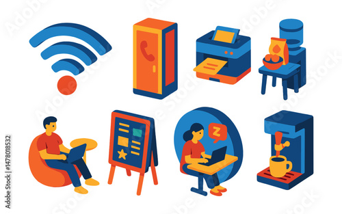 Isometric flat vector set of illustrations of coworking hub amenities: fast Wi-Fi, phone booth, shared printer, snack station, flexible seating, event board, quiet zone, coffee tap.