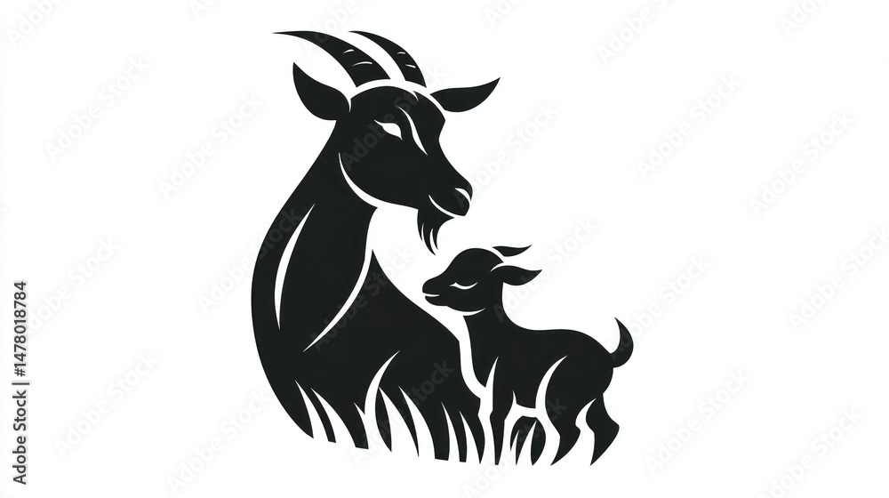 Fototapeta premium Silhouette of a Goat and Kid Black and White Animal Illustration Farm Life Nature Parent an