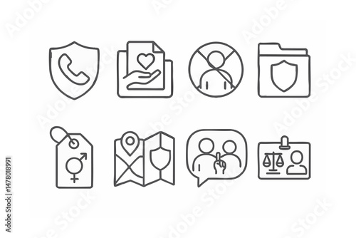 Line style icons of gender-based violence prevention: safety hotline badge, consent education file, no harassment zone icon, protective policy folder, survivor support tag, safe city map, bystander