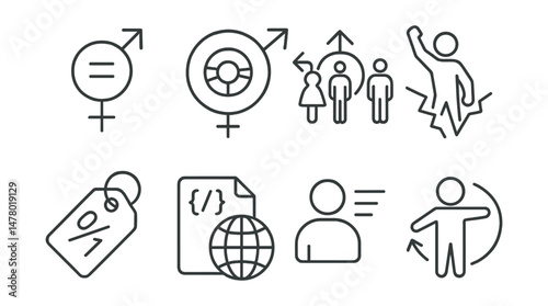 Line style icons of gender symbols and redefinitions: equal signs in Venus-Mars badge, redefined gender wheel, inclusive gender spectrum, breaking stereotypes icon, binary barrier tag, language