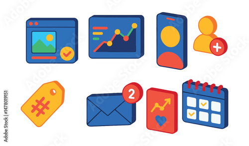 Isometric flat vector set of illustrations of social media tools: post scheduler, analytics chart, story template, follower icon, hashtag tag, inbox messages, engagement graph, content calendar.