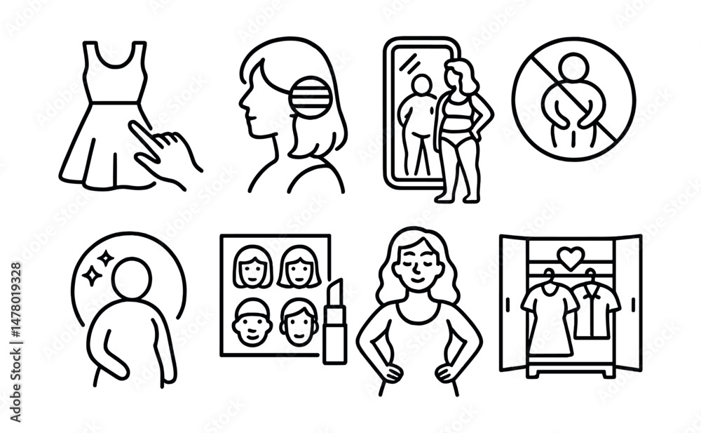Fototapeta premium Line style icons of body autonomy and expression: free to choose dress icon, hair with pride badge, body-positive mirror, no shame symbol, right to comfort bubble, inclusive beauty chart, confident