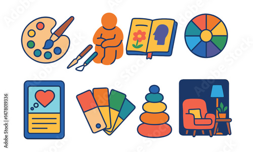 Isometric flat vector set of illustrations of art therapy tools: paint palette, clay model, journal sketch, emotion wheel, guided activity card, color swatches, mindfulness sculpture, calming space.