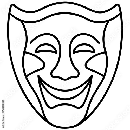 Comedy mask outline illustration, vector style, representing performing arts and entertainment
