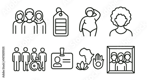 Line style icons of diverse representation: diverse group icon, skin tone palette tag, body diversity figure, inclusive hair symbol, different abilities lineup, multilingual name badge, cultural